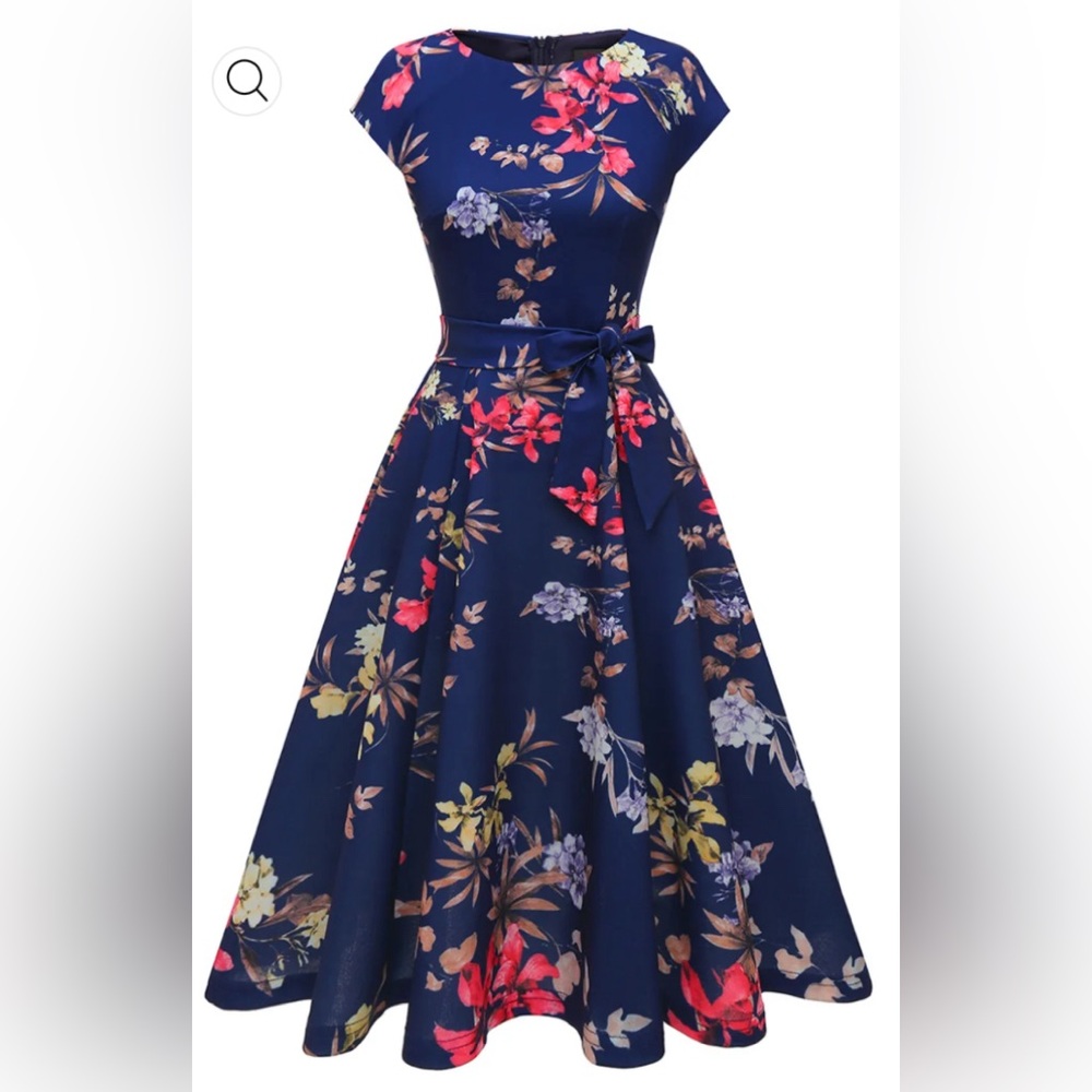🎁Like New Dress Tells Navy-Mul Floral A-line Belted Dress- 2XL (16-18)Bust 42-44